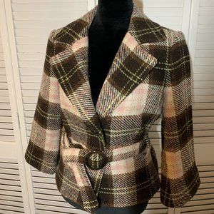 CAbi Brown & Pink Plaid Cropped Wool Blend Coat